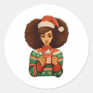 Pegatina Redonda Chica negra afro Navidad sombrero de Santa african