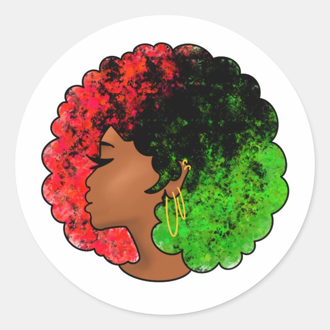 Pegatina Redonda Chica negra panafricana mujer rojo orgullo verde a (Anverso)