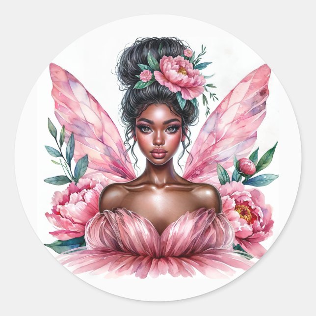 Pegatina Redonda Chica negro Hada color de agua rosada de los peone (Anverso)