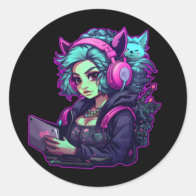 Pegatina Redonda Chica Neon gamer (Anverso)