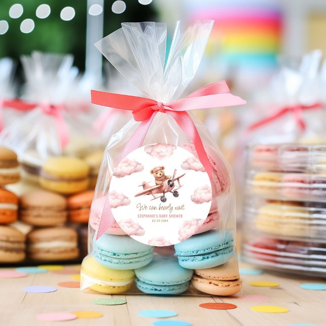 Pegatina Redonda Chica oso avión rosa Baby Shower (Cute Bear Airplane Pink Girl Baby Shower Classic Round Sticker)