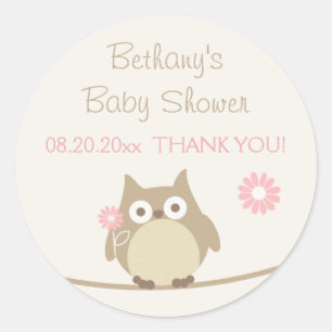 Pegatina Redonda Chica Owl Baby Shower Gracias
