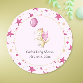 Pegatina Redonda Chica Pastel Bebé Rosa Dragon Baby Shower