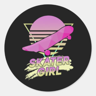Pegatina Redonda Chica Patinadora Comediante Retro 80s Patineta