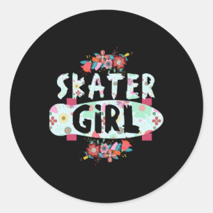 Pegatina Redonda Chica Patinadora Skateboard Floral Para Chicas Pat