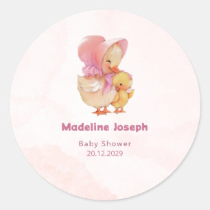 Pegatina Redonda Chica Patito Rosa Acuarela Baby Shower