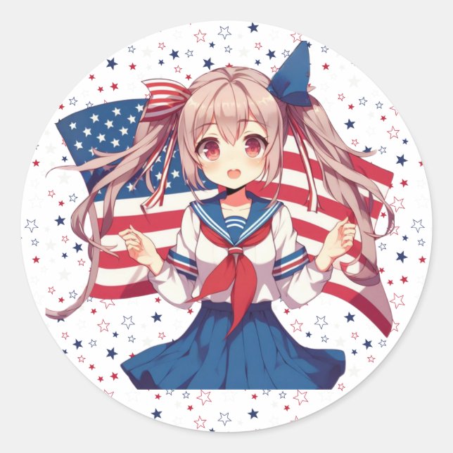 Pegatina Redonda CHICA patriótico de anime de Estados Unidos (Anverso)