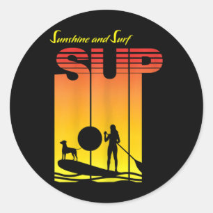 Pegatina Redonda Chica Perro Sup Stand Up Paddle Tabla Remo Atardec