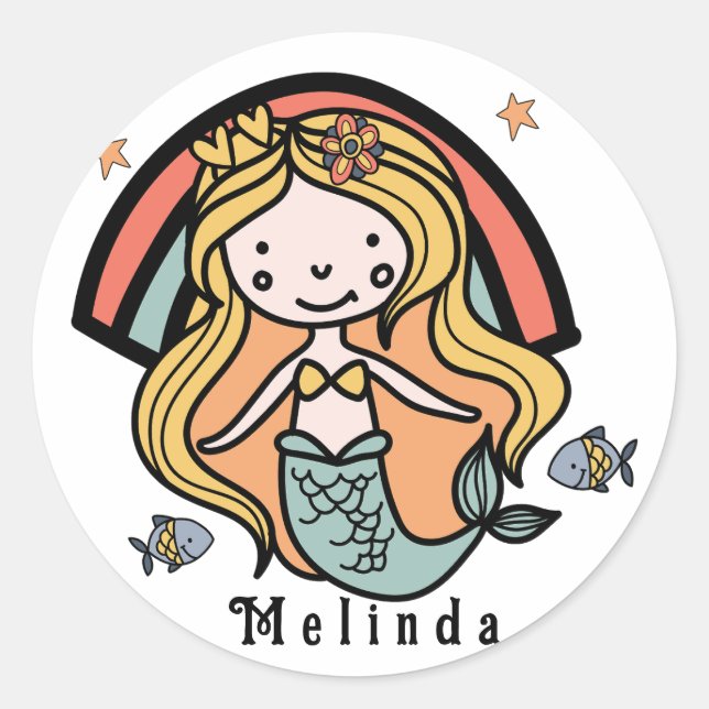 Pegatina Redonda Chica personalizada Escandinava Cute Mermaid (Anverso)