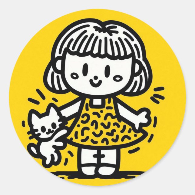 Pegatina Redonda Chica Personalizado con gatito en Keith Haring Sty (Anverso)