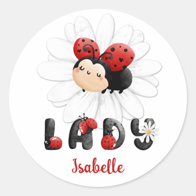 Pegatina Redonda Chica personalizado de Cute Ladybug (Anverso)
