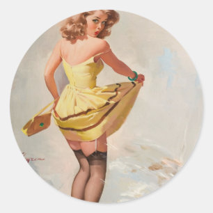 Pegatina Redonda Chica Pin-Up de Día Lluvioso