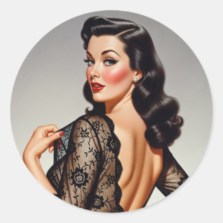 Pegatina Redonda Chica Pin-up Morena Retro Estilo Glamour 50's