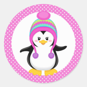 Pegatina Redonda Chica Pingüino Pink Polka Dot