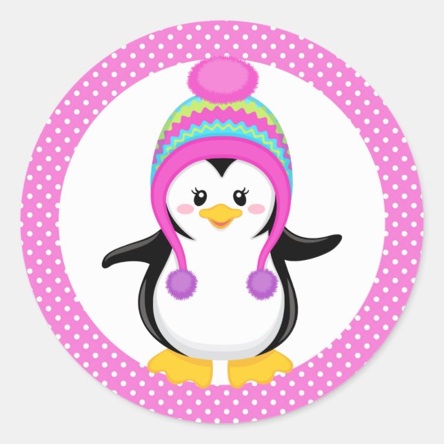 Pegatina Redonda Chica Pingüino Pink Polka Dot (Anverso)