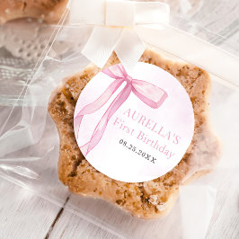 Pegatina Redonda Chica Pink Bow primer Fiesta de cumpleaños