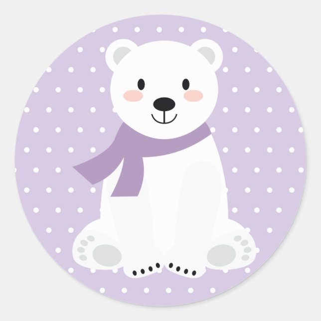 Pegatina Redonda Chica Polar Bear Baby Shower Purple (Anverso)