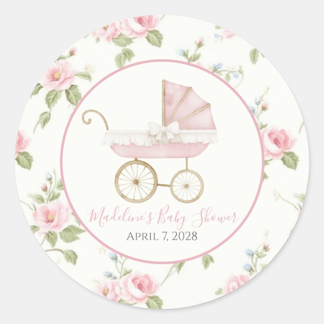 Pegatina Redonda Chica Preppy Southern Pink Floral Baby Shower (Anverso)