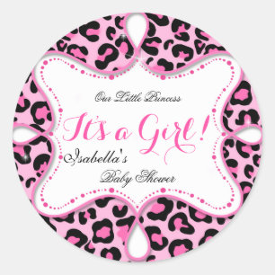 Pegatina Redonda Chica Princesa Baby Shower Leopardo rosa