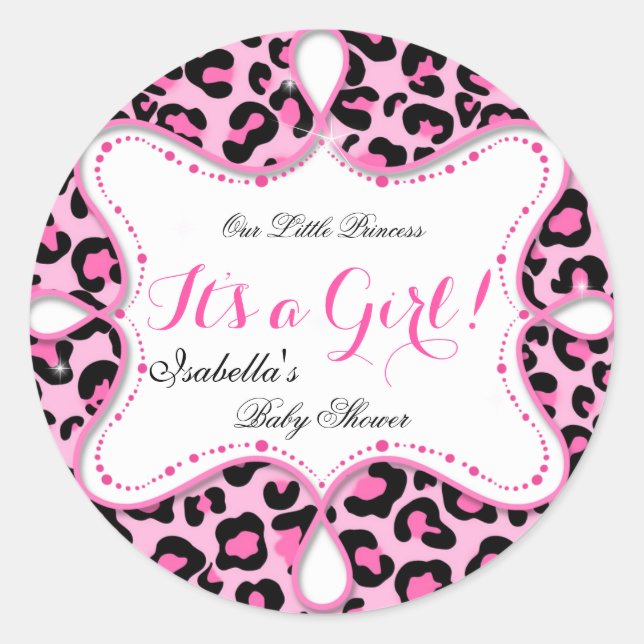 Pegatina Redonda Chica Princesa Baby Shower Leopardo rosa (Anverso)