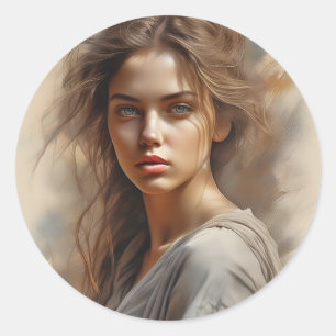 Pegatina Redonda Chica Retrato es un dibujo a lápiz de una mujer. E