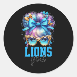 Pegatina Redonda Chica Retro Leones Messy Bun Sports Fan Team Match