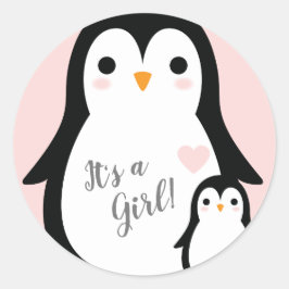 Pegatina Redonda Chica rosa de Cute Penguin Baby Shower