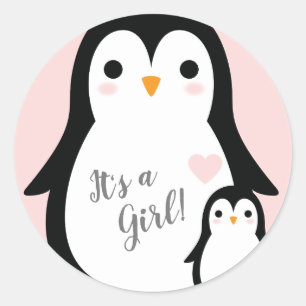 Pegatina Redonda Chica rosa de Cute Penguin Baby Shower