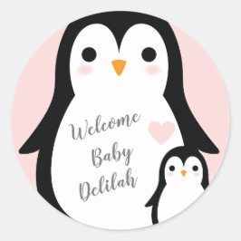 Pegatina Redonda Chica rosa de Cute Penguin Baby Shower