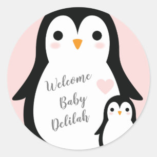 Pegatina Redonda Chica rosa de Cute Penguin Baby Shower
