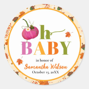 Pegatina Redonda Chica rosa de la calabaza de otoño Baby Shower