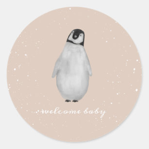 Pegatina Redonda Chica Rosa de Nieve Nene Pingüino en Invierno Baby