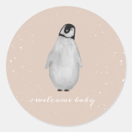 Pegatina Redonda Chica Rosa de Nieve Nene Pingüino en Invierno Baby