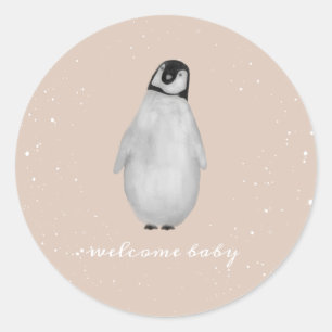 Pegatina Redonda Chica Rosa de Nieve Nene Pingüino en Invierno Baby