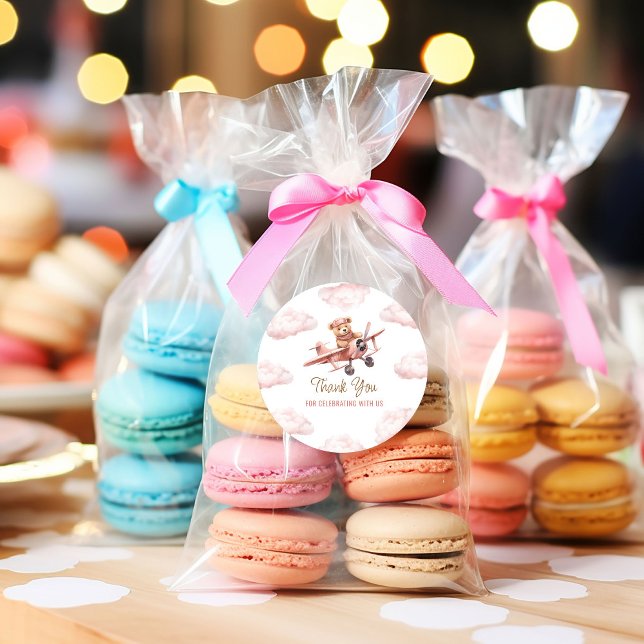 Pegatina Redonda Chica rosa del avión de oso lindo Baby Shower Grac (Cute Bear Airplane Pink Girl Baby Shower Thank You Classic Round Sticker)