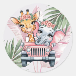Pegatina Redonda Chica rosa Floral Safari Adventure Baby Shower