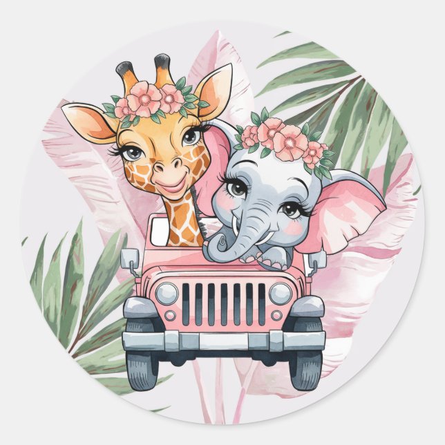 Pegatina Redonda Chica rosa Floral Safari Adventure Baby Shower (Anverso)