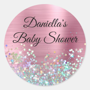 Pegatina Redonda Chica Rosa Holo Purpurina Baby Shower