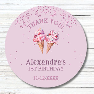 Pegatina Redonda Chica Rosa Lilac Crema de Hielo Primer Cumpleaños