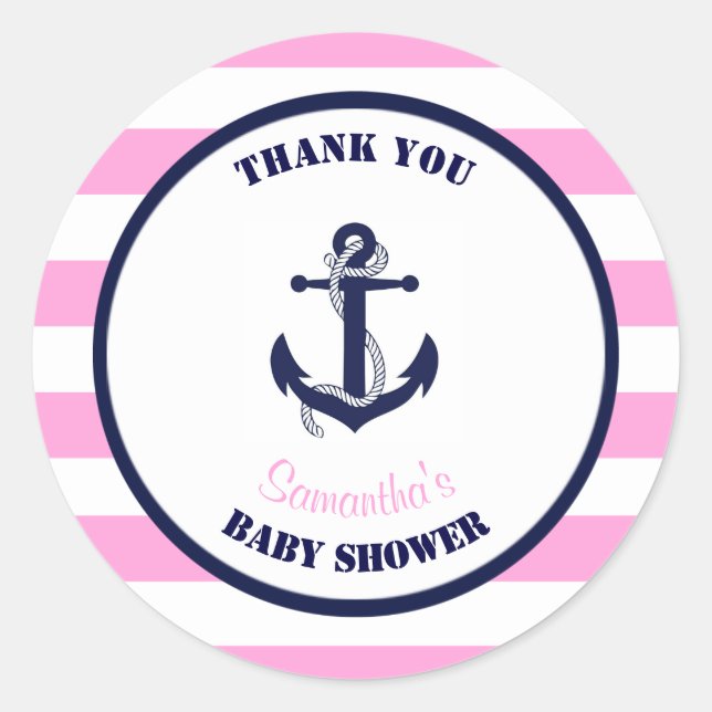 Pegatina Redonda Chica Rosa Nautical Baby Shower Gracias A Ustedes  (Anverso)