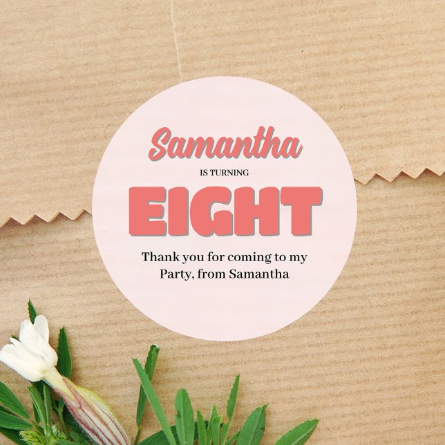 Pegatina Redonda Chica Rosa Octavo Cumpleaños Fiesta Floral (Pink eighth birthday party sticker template. )
