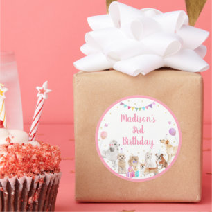 Pegatina Redonda Chica Rosa Perro Cachorro Puppy Cumpleaños