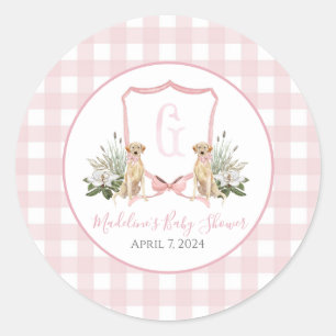 Pegatina Redonda Chica Rosa Preppy Sur Perro Baby Shower