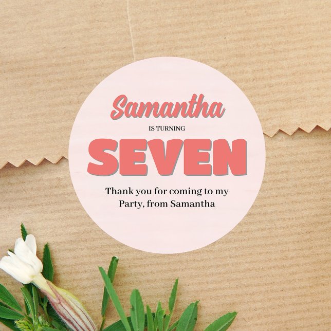 Pegatina Redonda Chica Rosa Séptimo Fiesta Floral (Pink girl birthday party favor sticker. )