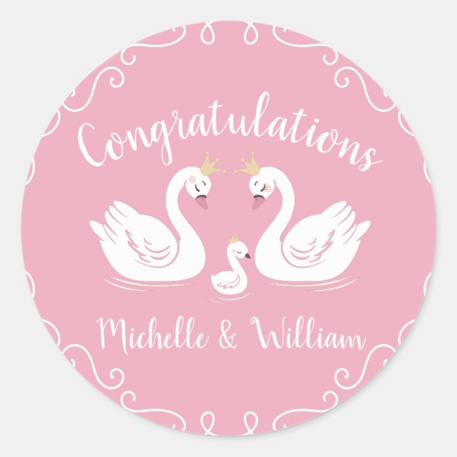 Pegatina Redonda Chica rosa Swans Baby Shower (Anverso)