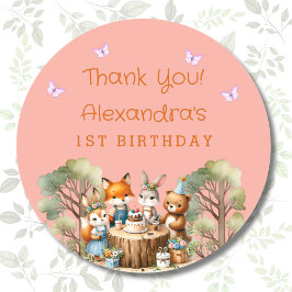 Pegatina Redonda Chica Rosa Woodland Animals 1er cumpleaños Gracias