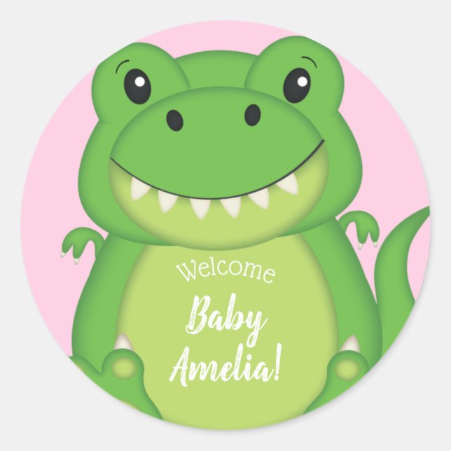 Pegatina Redonda Chica rosado de Dinosaur Baby Shower T-Rex (Anverso)