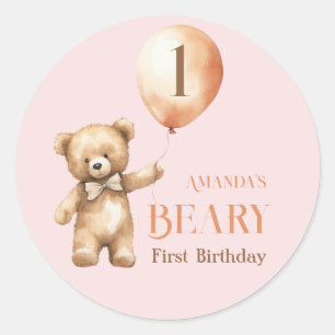 Pegatina Redonda Chica rosado de oso minimalista Beary 1er cumpleañ