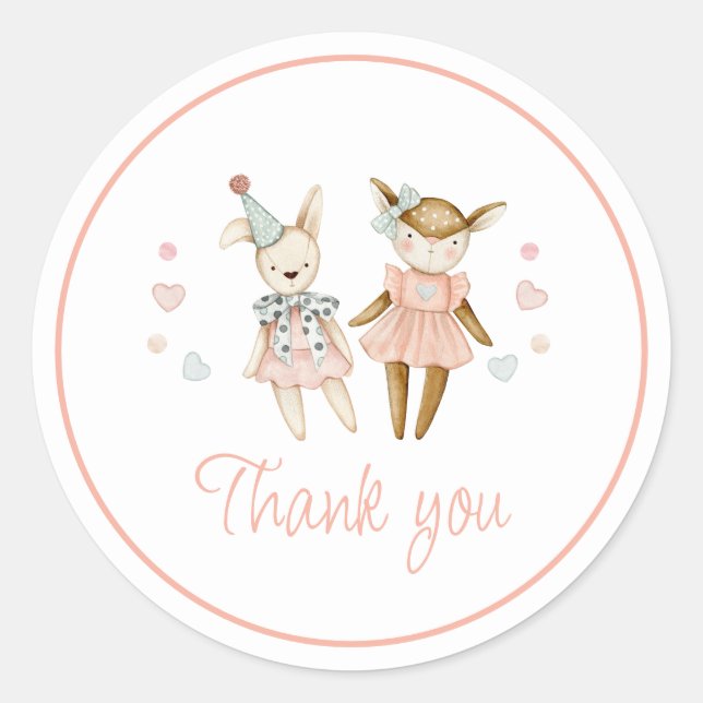 Pegatina Redonda Chica rosado Juguetes Rústico Baby Shower Gracias (Anverso)