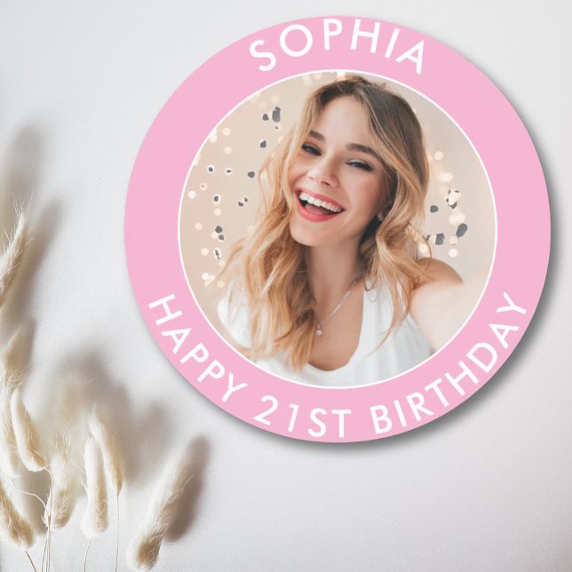 Pegatina Redonda Chica rosado moderno lindo feliz 21º cumpleaños (Pink Modern Cute Girl Happy 21st Birthday Photo Classic Round Sticker)